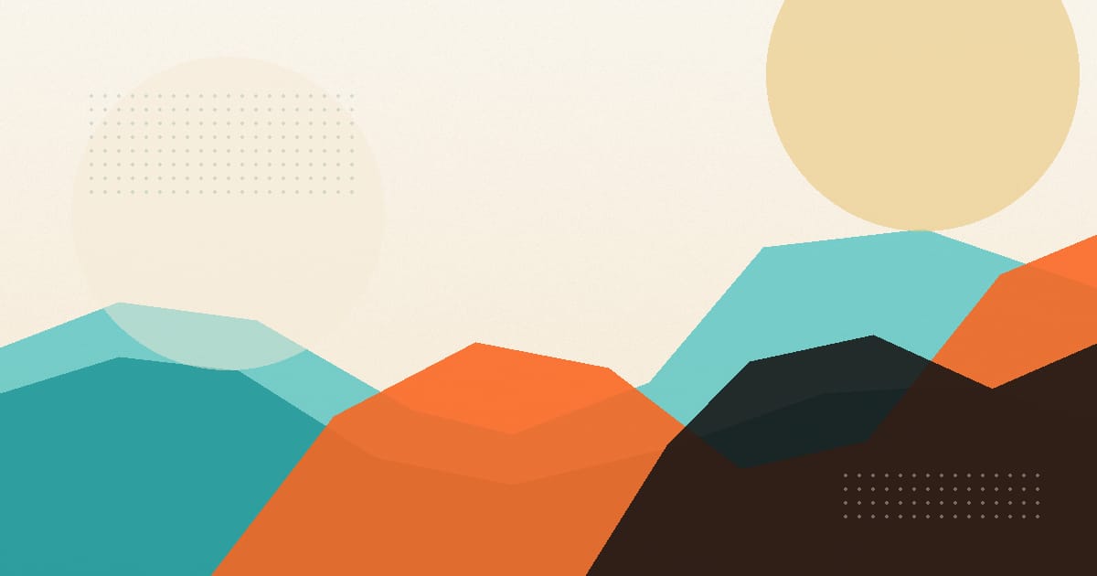 Abstract Bethink artwork with teal, cyan, cream, orange, burgundy, and black geometric shapes.