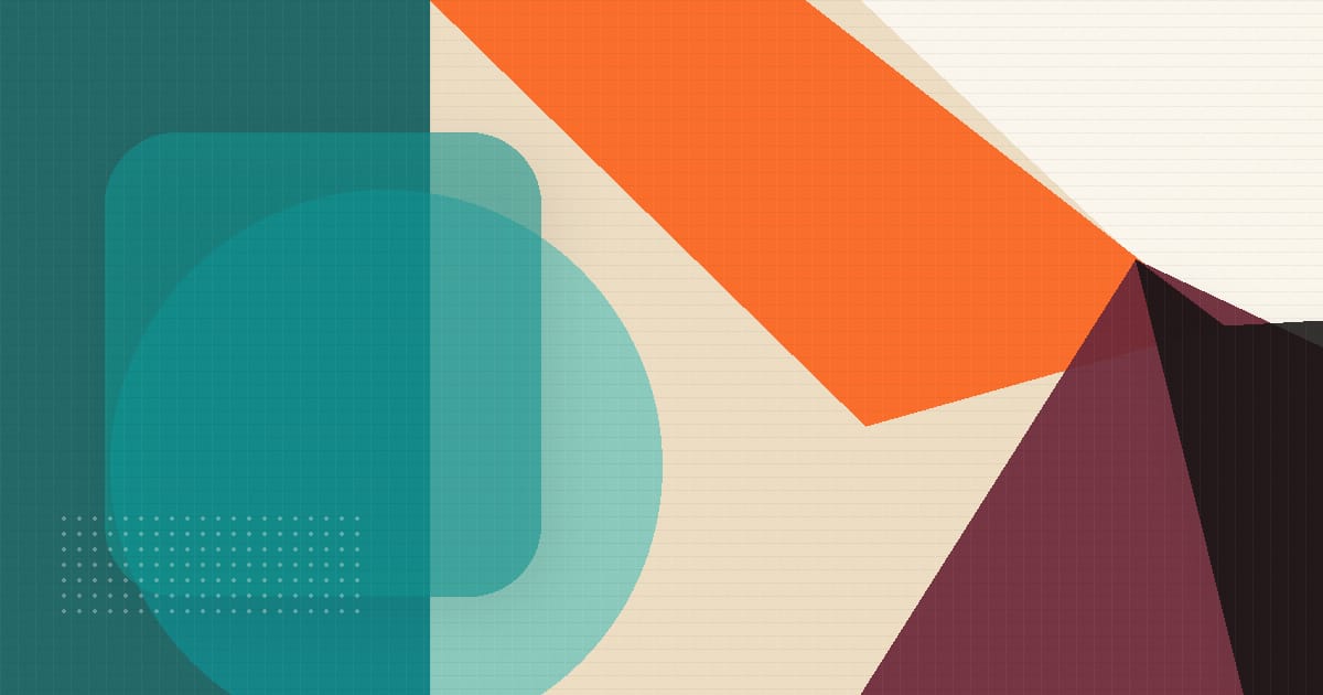 Abstract Bethink artwork with teal, cyan, cream, orange, burgundy, and black geometric shapes.