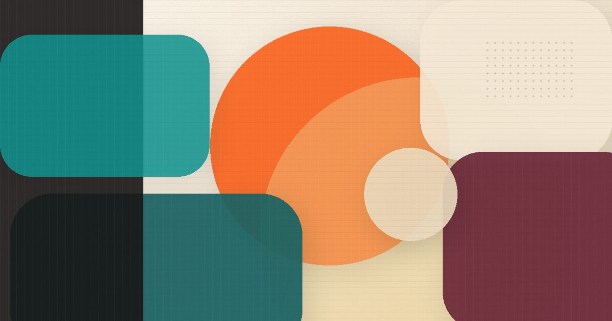 Abstract Bethink artwork with teal, cyan, cream, orange, burgundy, and black geometric shapes.