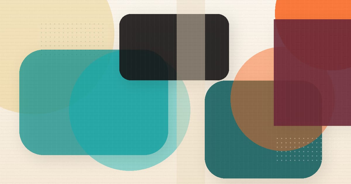 Abstract Bethink artwork with teal, cyan, cream, orange, burgundy, and black geometric shapes.