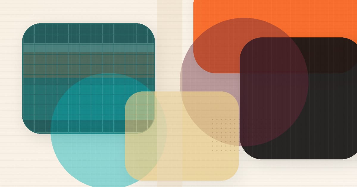 Abstract Bethink artwork with teal, cyan, cream, orange, burgundy, and black geometric shapes.